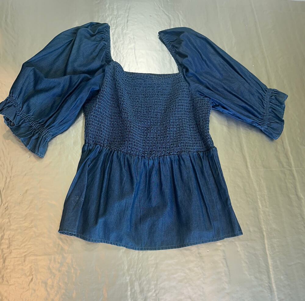 NY&Co XL Chambray Smocked Peplum Top Puff Sleeve Square Neck Blue